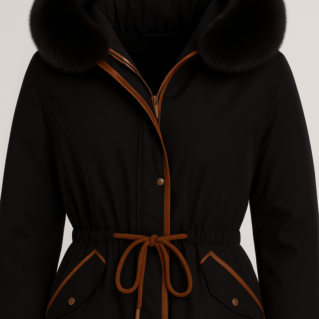 Mid-length coat with a wide fur-trimmed hood, front zipper and snap closure, adjustable drawstring waist, flap pockets, and contrasting trim detailing.