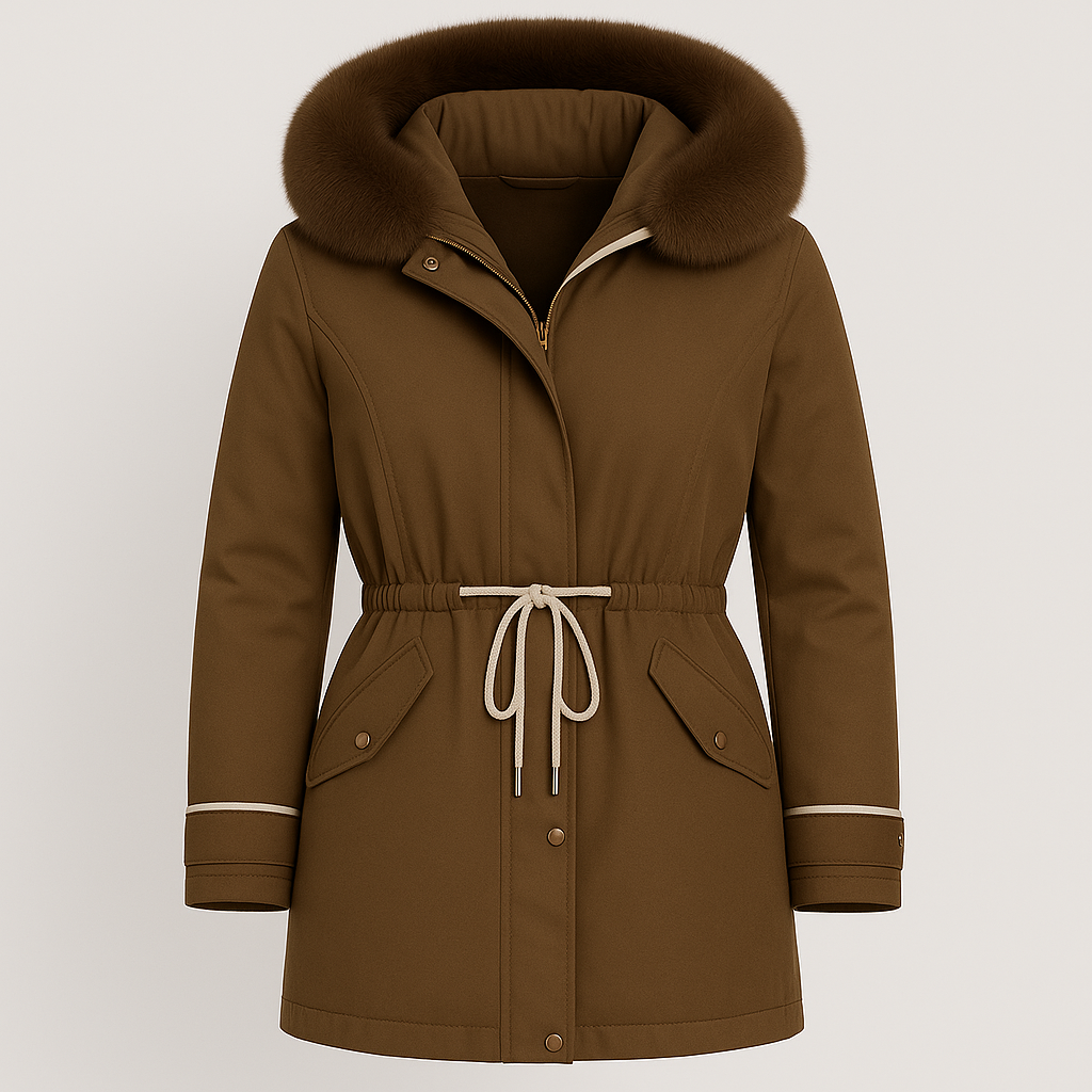 Mid-length coat with a wide fur-trimmed hood, front zipper and snap closure, adjustable drawstring waist, flap pockets, and contrasting trim detailing.