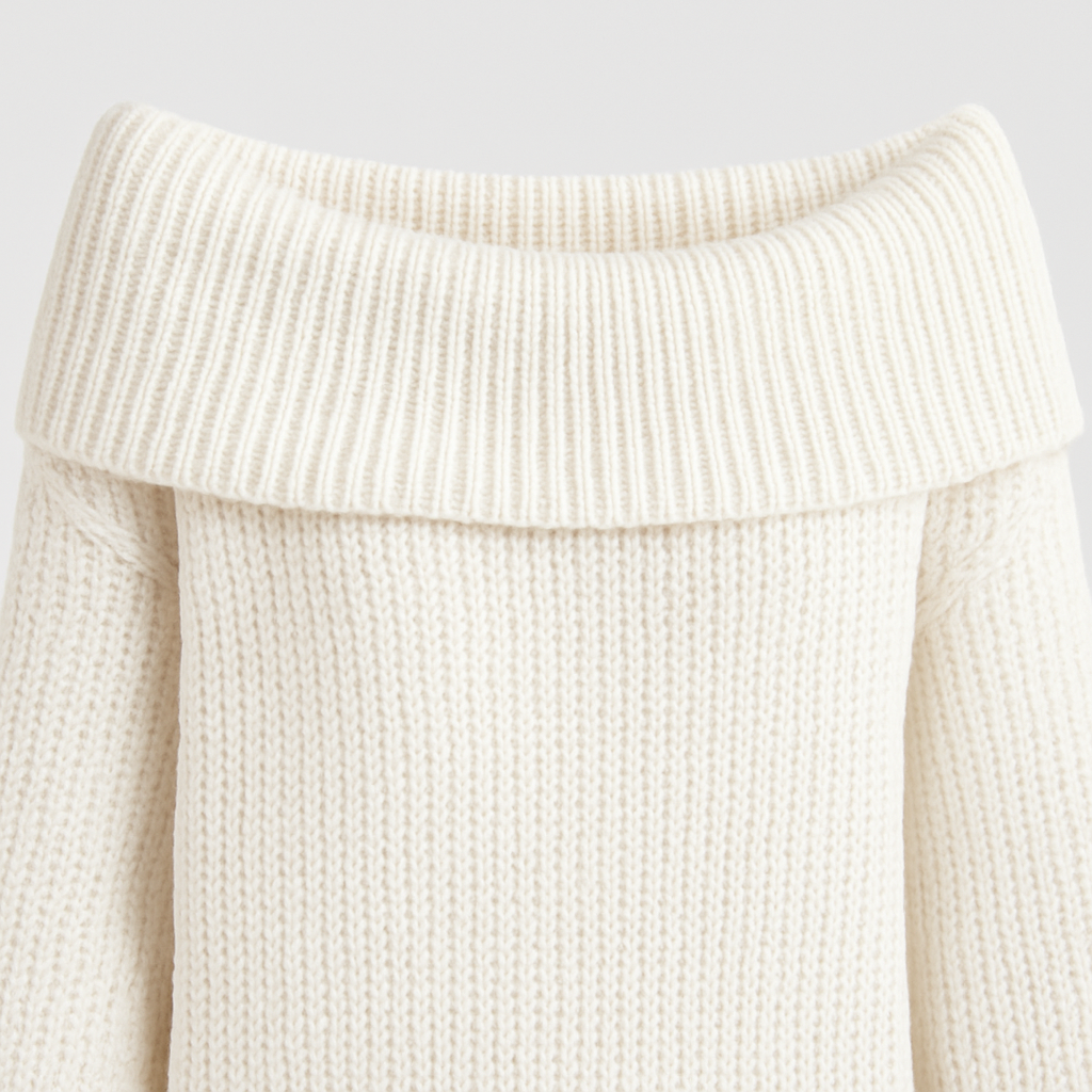 A white off-shoulder sweater with a fold-over neckline and relaxed fit, styled with long sleeves and ribbed knit texture