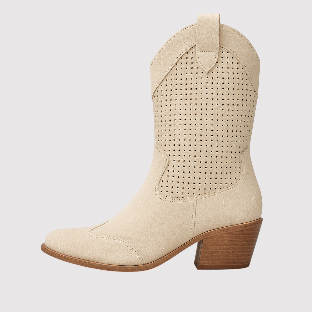 Mid-calf Western boots with perforated detailing, pull-on tabs, and block heel for a stylish everyday look