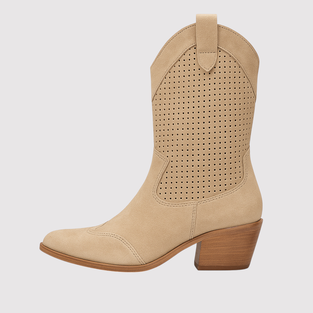 Mid-calf Western boots with perforated detailing, pull-on tabs, and block heel for a stylish everyday look