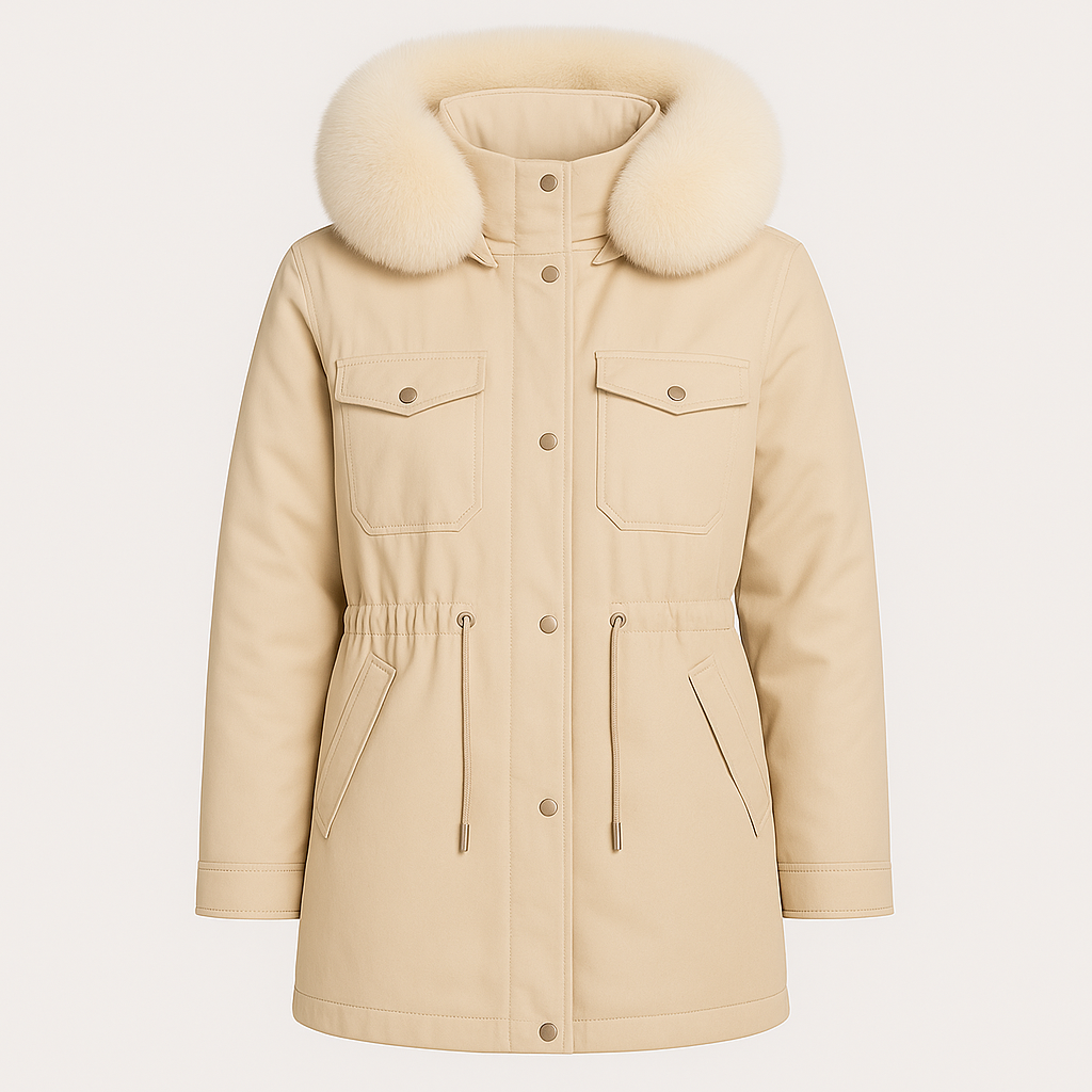 coat with a fur-trimmed hood, front zipper and snap closure, flap chest pockets, zip side pockets, and an adjustable drawstring waist.
