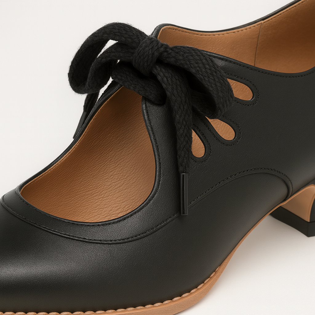 Heeled shoe with lace-up front, cutout details, and rounded square heel.