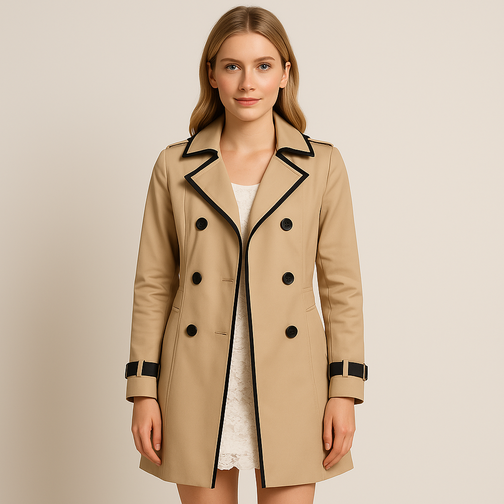 Double-breasted trench coat with contrast trim, notched lapel collar, belted cuffs, and tailored fit, styled with a minimal base outfit