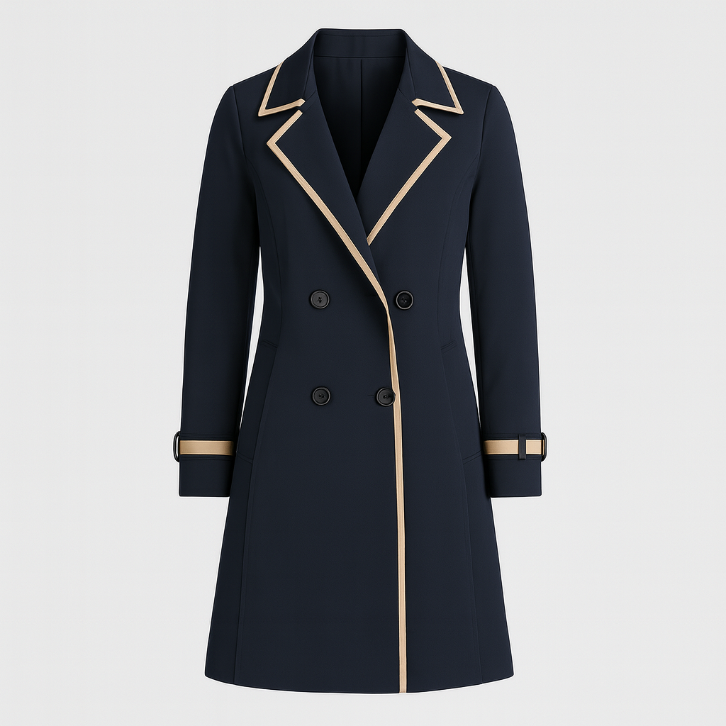 Double-breasted trench coat with contrast trim, notched lapel collar, belted cuffs, and tailored fit, styled with a minimal base outfit