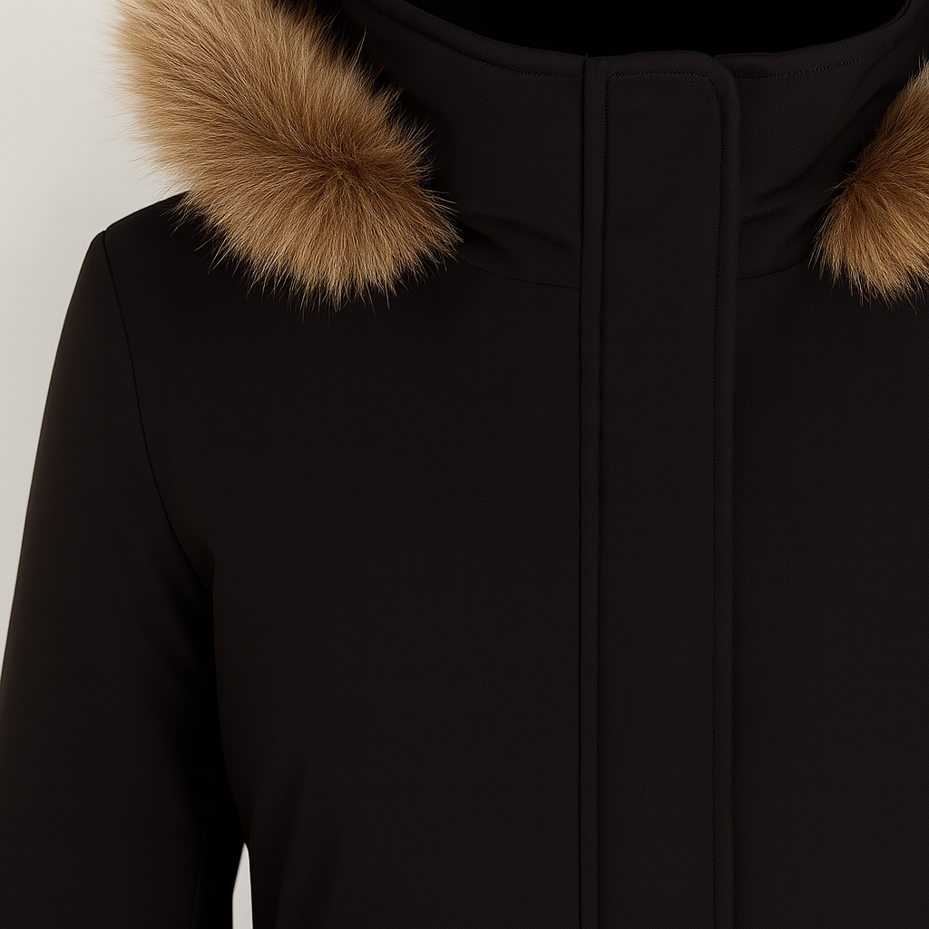 Winter coat with a fur-trimmed hood, concealed front zipper, straight sleeves, and slanted side pockets.