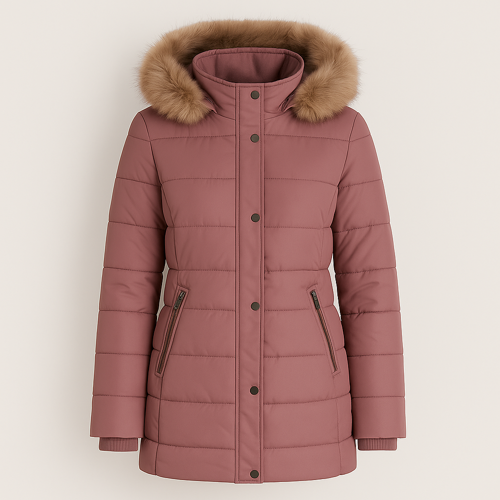 Mid-length quilted coat with a fur-trimmed hood, snap and zipper front closure, long sleeves with inner cuffs, and slanted zip pockets.