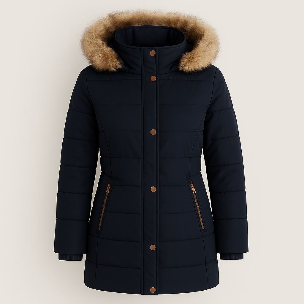 Mid-length quilted coat with a fur-trimmed hood, snap and zipper front closure, long sleeves with inner cuffs, and slanted zip pockets.