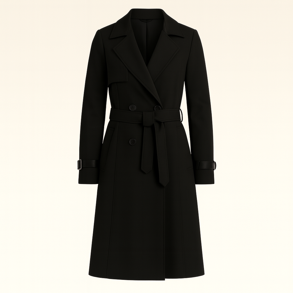 Belted trench coat with double-breasted closure, notched lapel collar, and tailored silhouette, styled with a minimal base layer