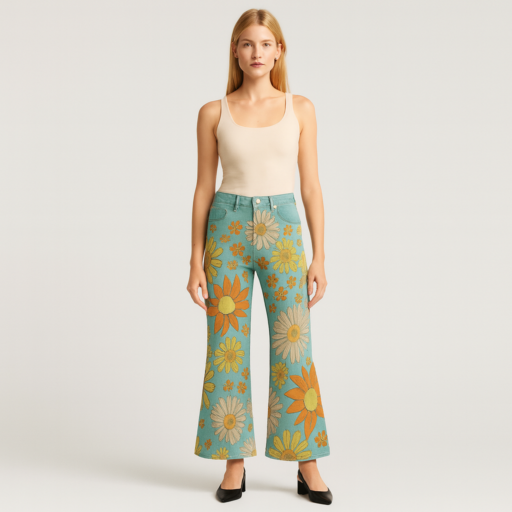 The Delaney Floral Wide-Leg Jeans – Pants – Light Blue – Lila Faye
