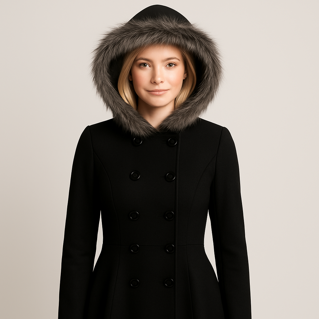 Fit-and-flare coat with a faux fur-trimmed hood, double-breasted button closure, long sleeves, and a flared hemline.