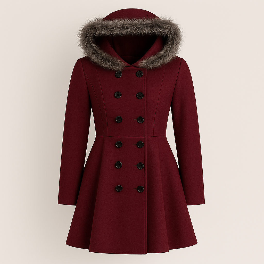 Fit-and-flare coat with a faux fur-trimmed hood, double-breasted button closure, long sleeves, and a flared hemline.