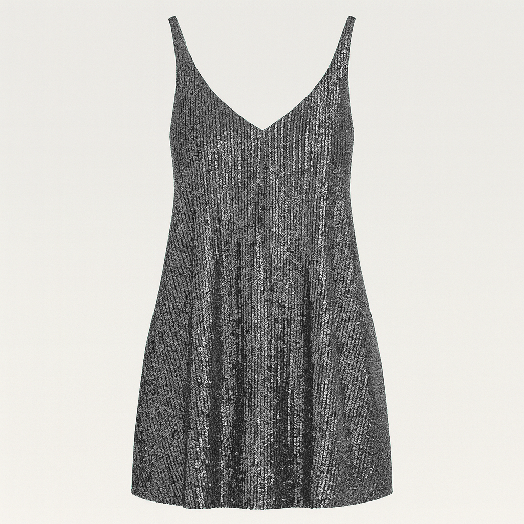 Sleeveless sequin mini dress with V-neckline, relaxed fit bodice, and gathered waist.