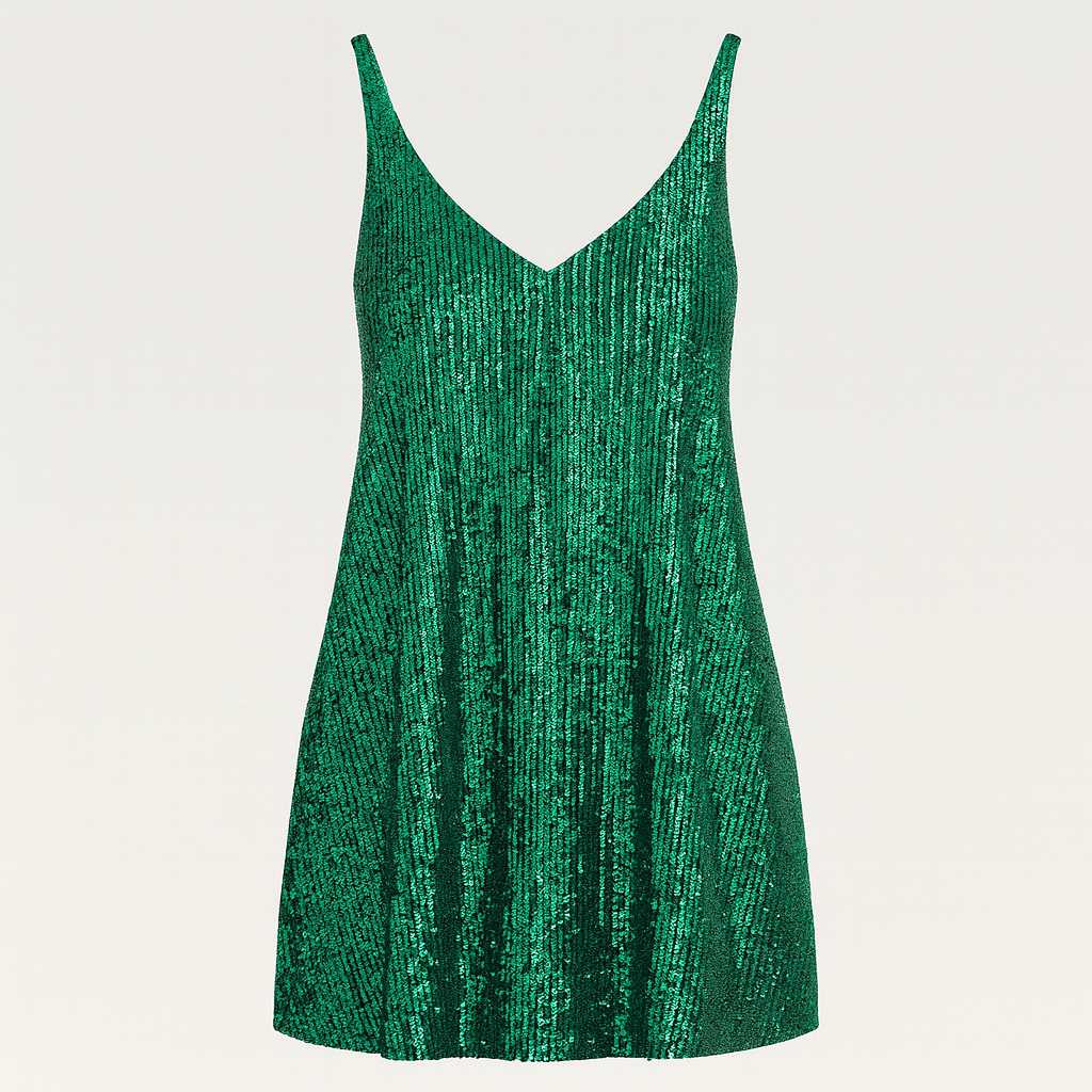Sleeveless sequin mini dress with V-neckline, relaxed fit bodice, and gathered waist.