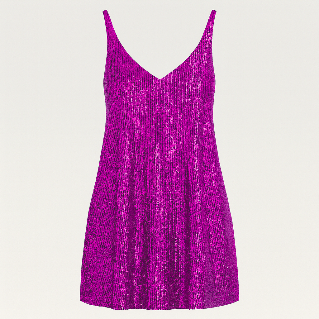 Sleeveless sequin mini dress with V-neckline, relaxed fit bodice, and gathered waist.