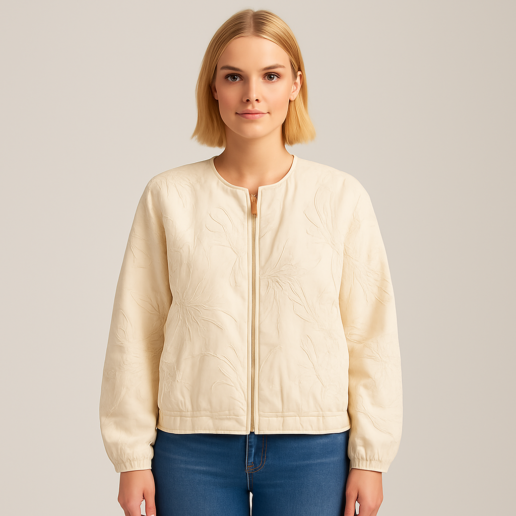 A structured jacket with long sleeves, a round neckline, gold-tone buttons, and faux leather trim.