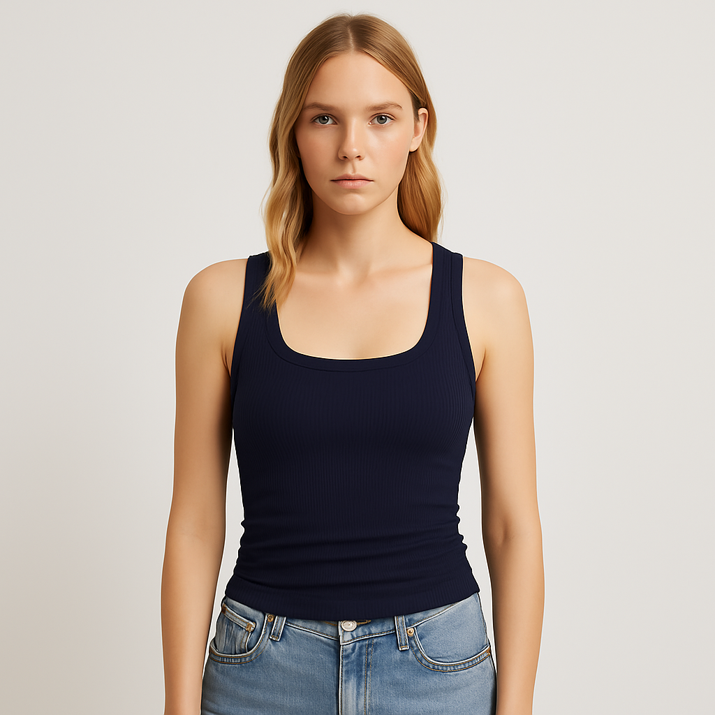 Ribbed tank top with a slim fit, square neckline, wide straps, and stretchy cotton-blend fabric.