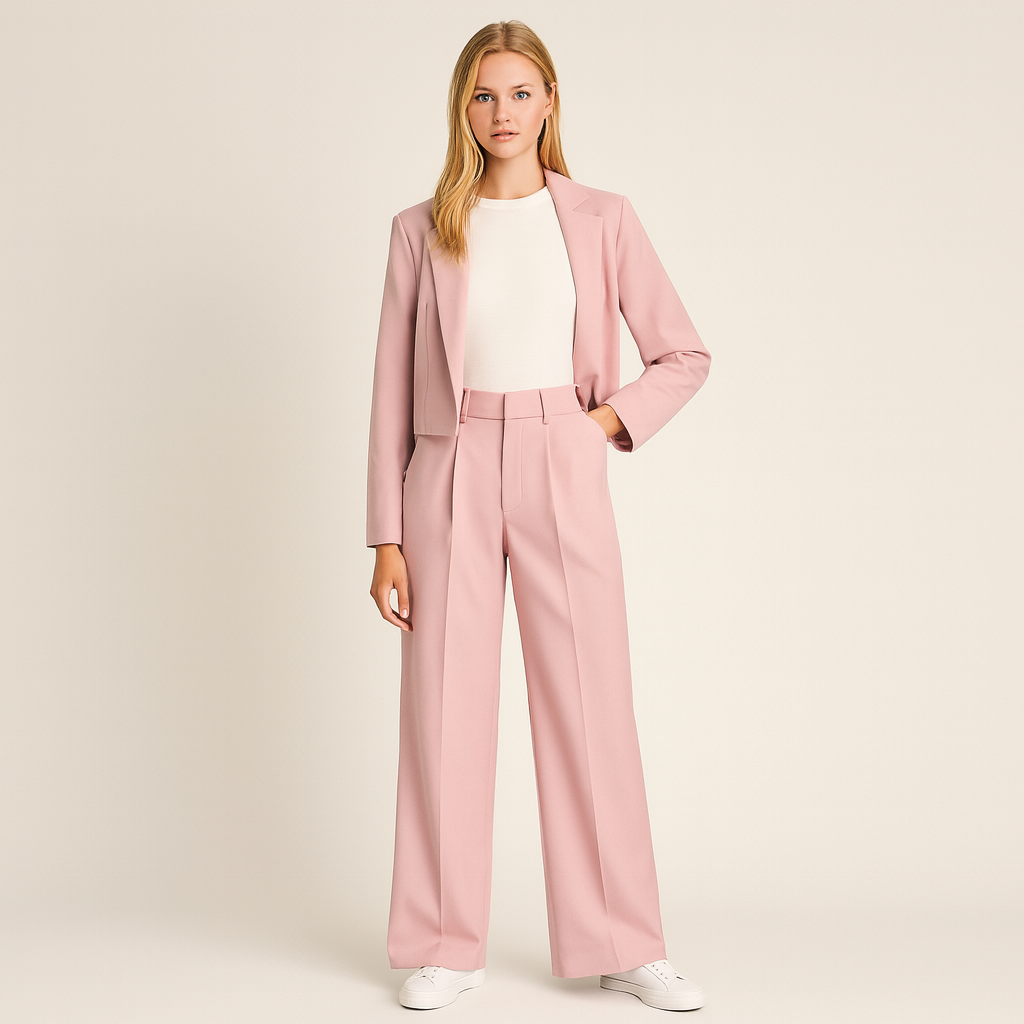 High-waisted wide-leg trousers with front pleats and side pockets.