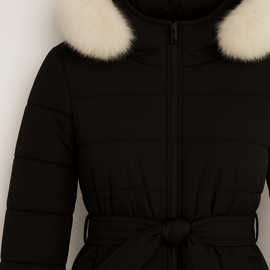 Long quilted coat with a fur-trimmed hood, front zipper closure, belted waist with buckle detail, and side flap pockets.