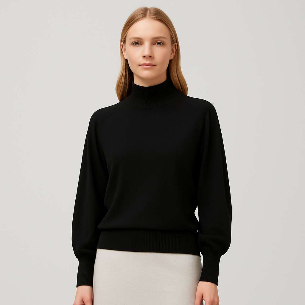 Fitted mock-neck sweater with long sleeves, ribbed cuffs and hem, styled for a polished minimalist look