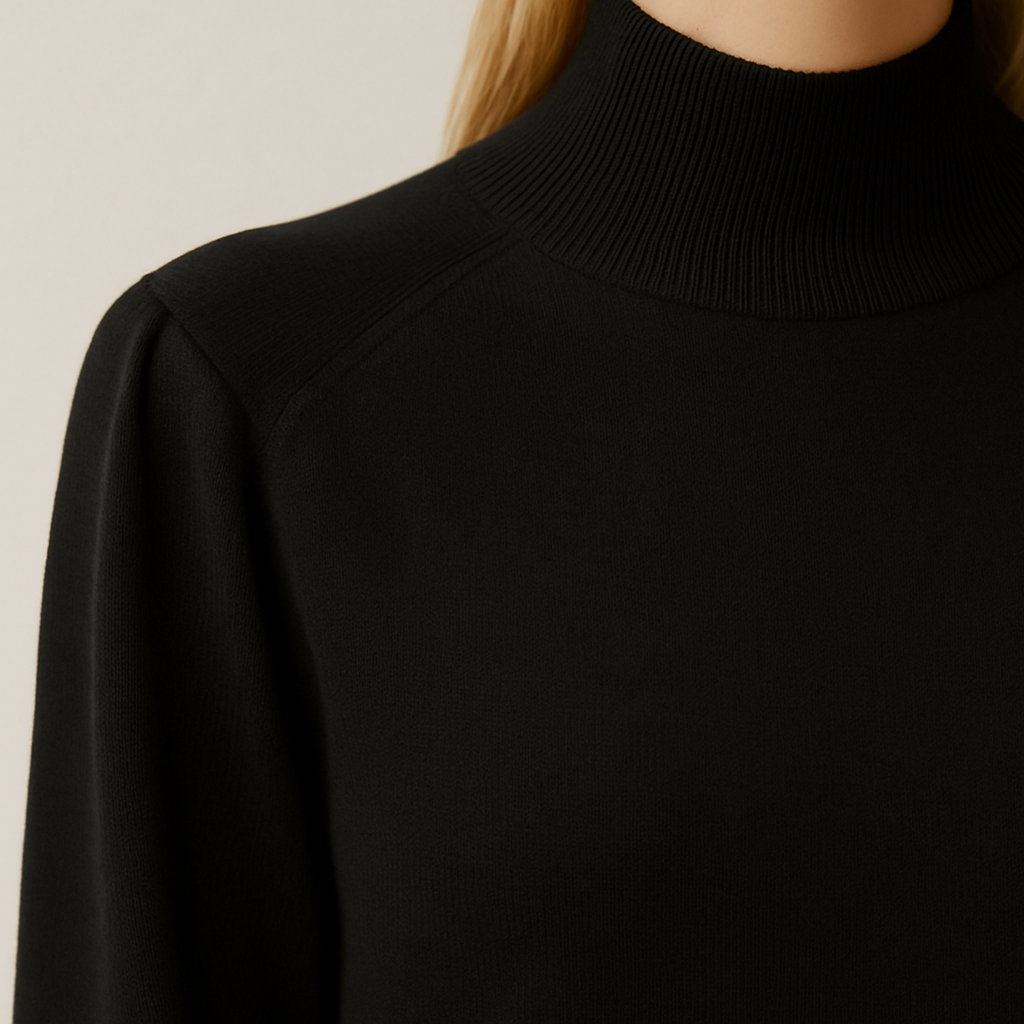 Fitted mock-neck sweater with long sleeves, ribbed cuffs and hem, styled for a polished minimalist look