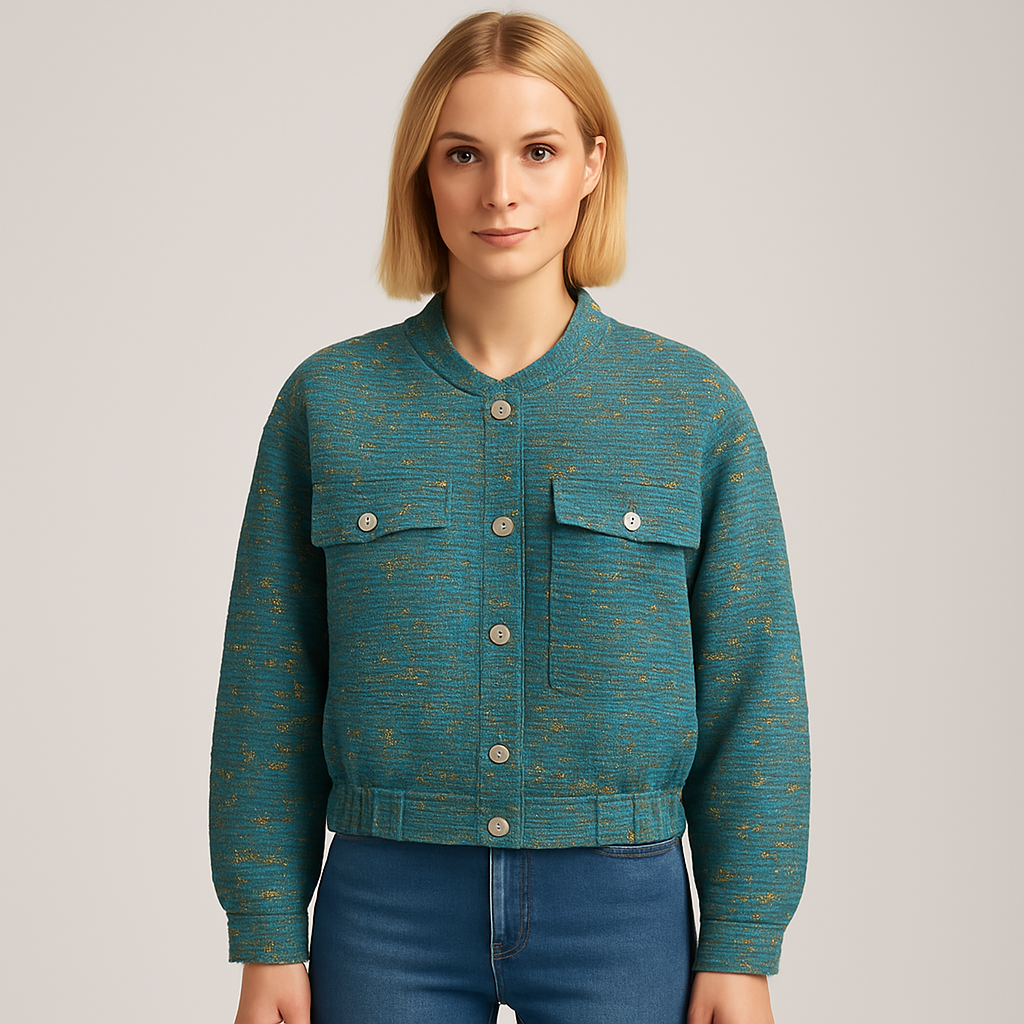 A cropped textured jacket with long sleeves, a round neckline, and flap chest pockets.
