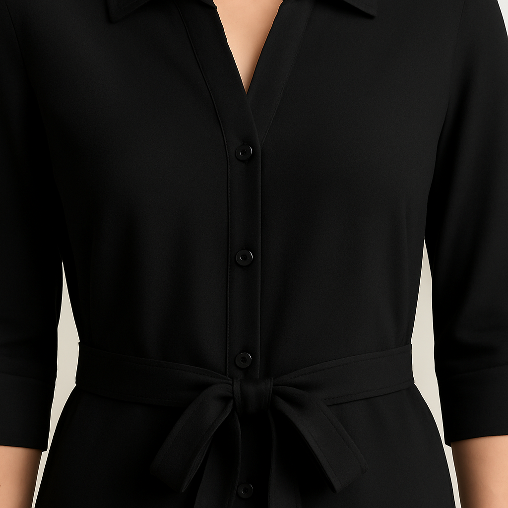 Shirt dress with button-down front, waist tie belt, shirt collar, and elbow-length sleeves, styled for a clean and polished look