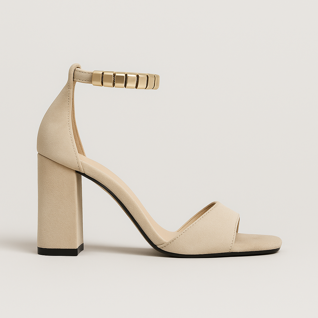 Block heel sandals with cross-strap design and ankle buckle closure
