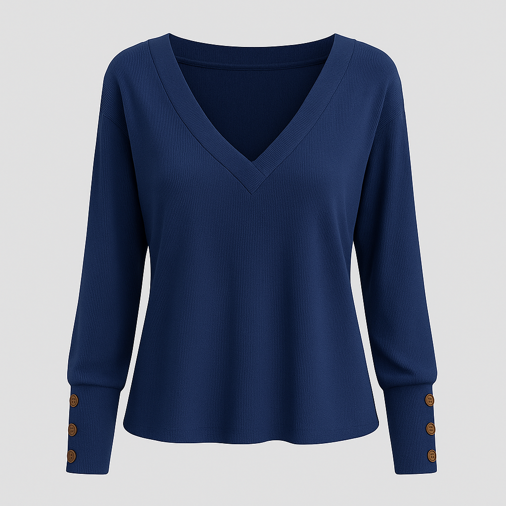 V-neck blouse with long sleeves and decorative button-cuff detail.