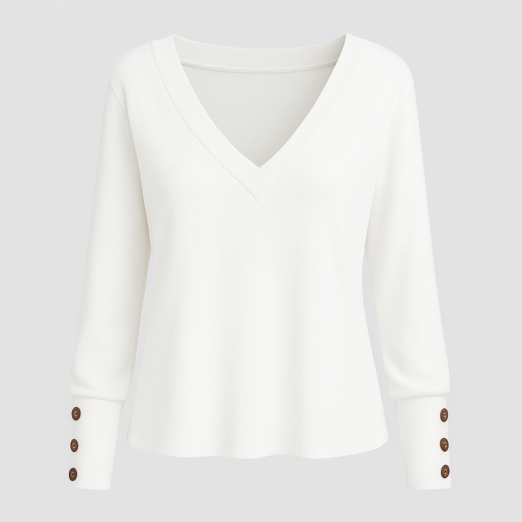 V-neck blouse with long sleeves and decorative button-cuff detail.