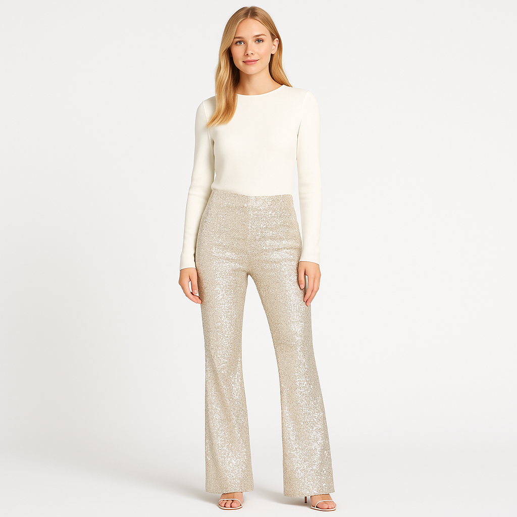 High-waisted sequin flare pants with shimmering texture and fitted silhouette, ideal for evening or party wear