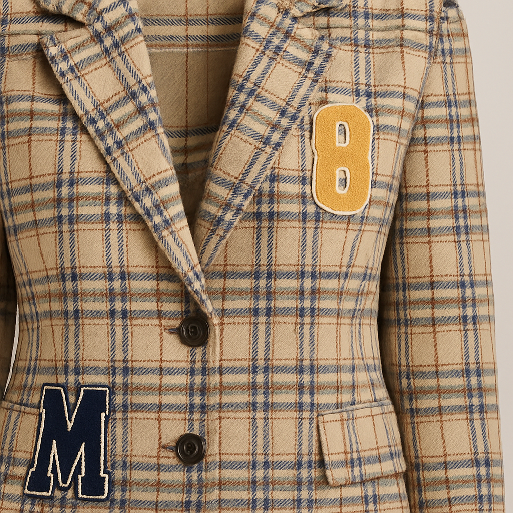 A checked blazer with long sleeves, a notched lapel neckline, double-breasted button closure, and embroidered patch details.