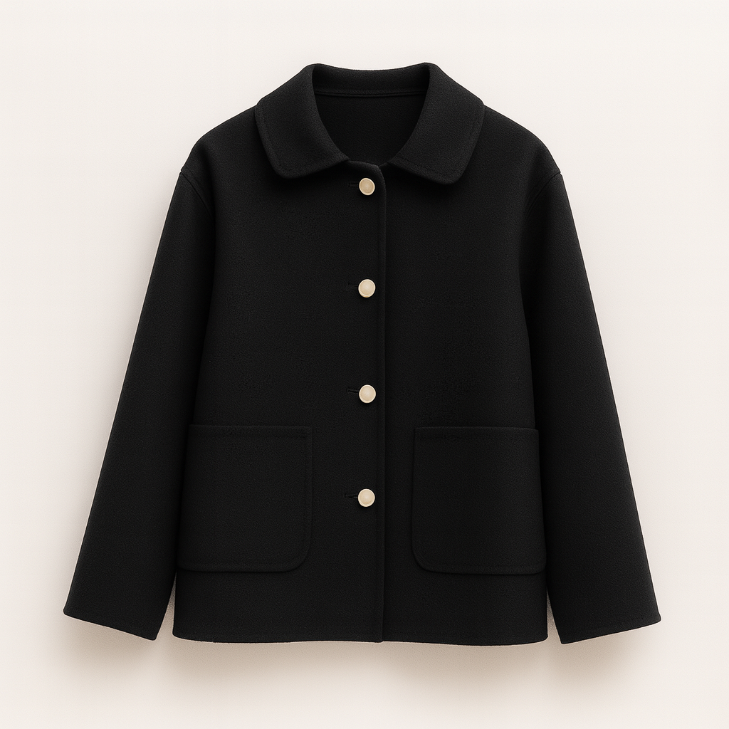 Wool blend jacket with shirt collar and front button closure, styled for casual and polished layering looks