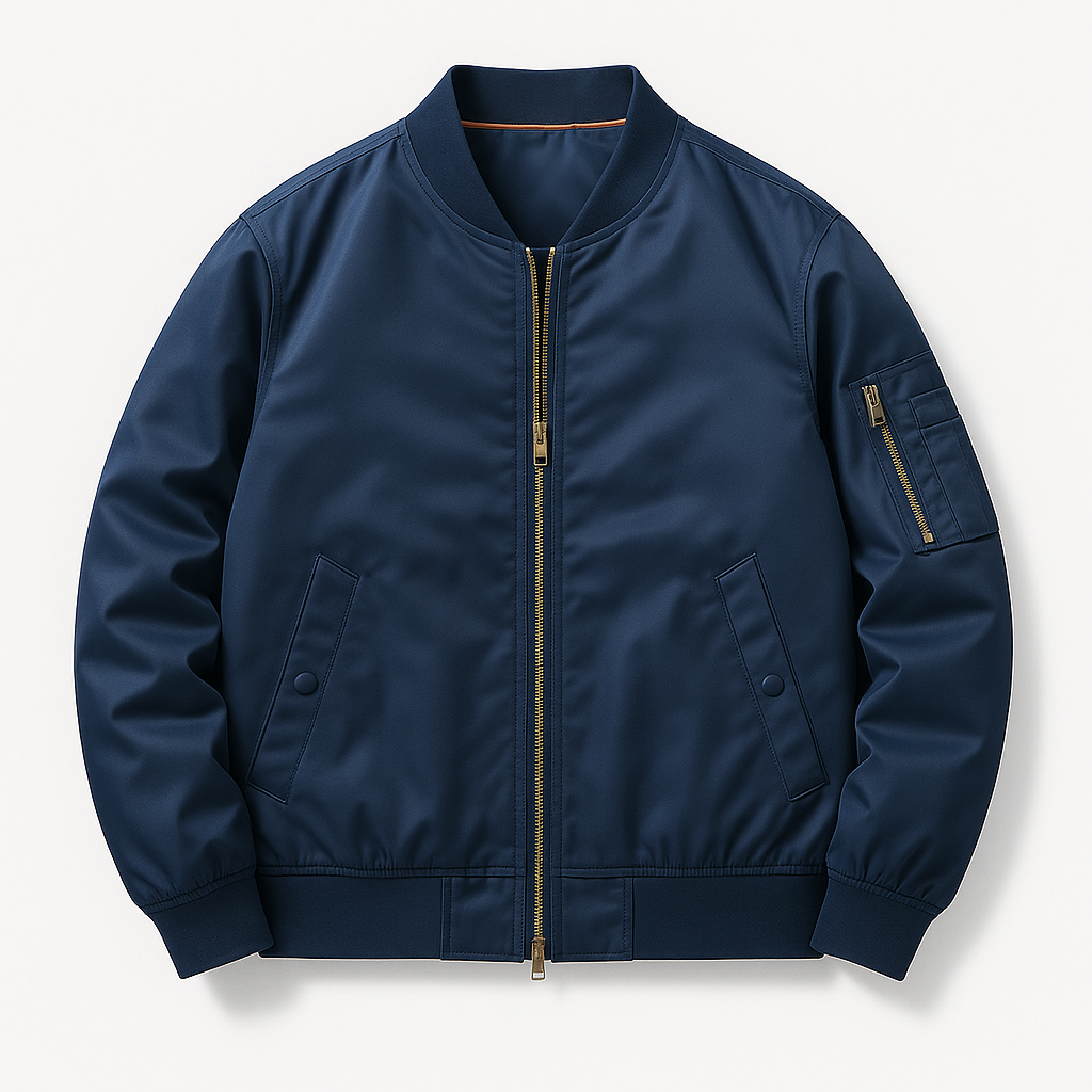 Bomber jacket with front zipper, ribbed cuffs, and utility sleeve pocket designed for versatile everyday wear