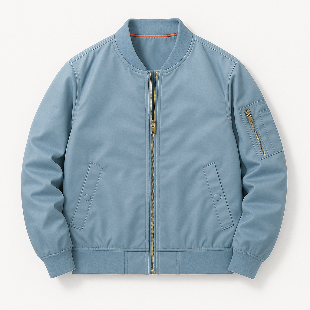 Bomber jacket with front zipper, ribbed cuffs, and utility sleeve pocket designed for versatile everyday wear