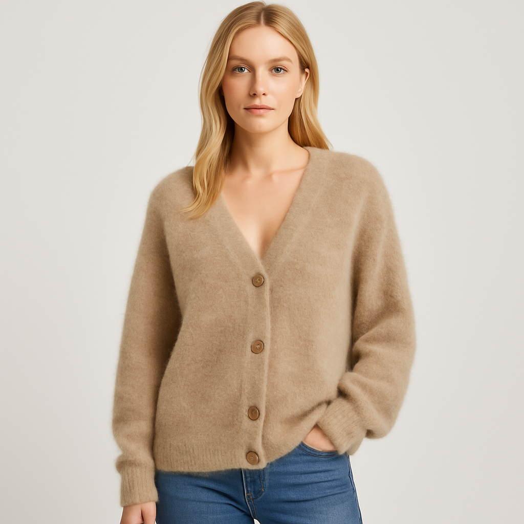 Soft fuzzy cardigan with button front, V-neckline, and relaxed silhouette designed for cozy layering