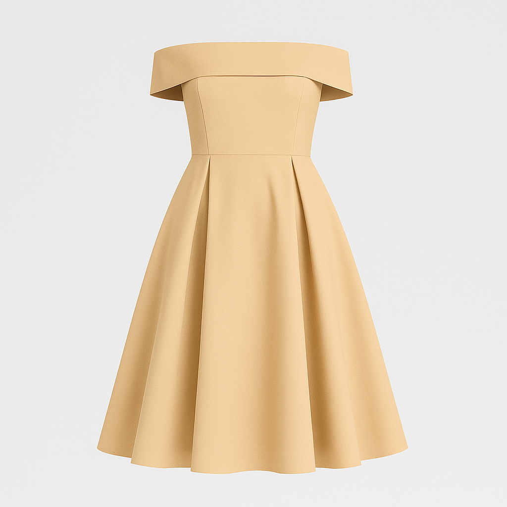 Off-shoulder dress with fitted bodice, flared skirt, and elegant neckline, styled for an occasion-ready look