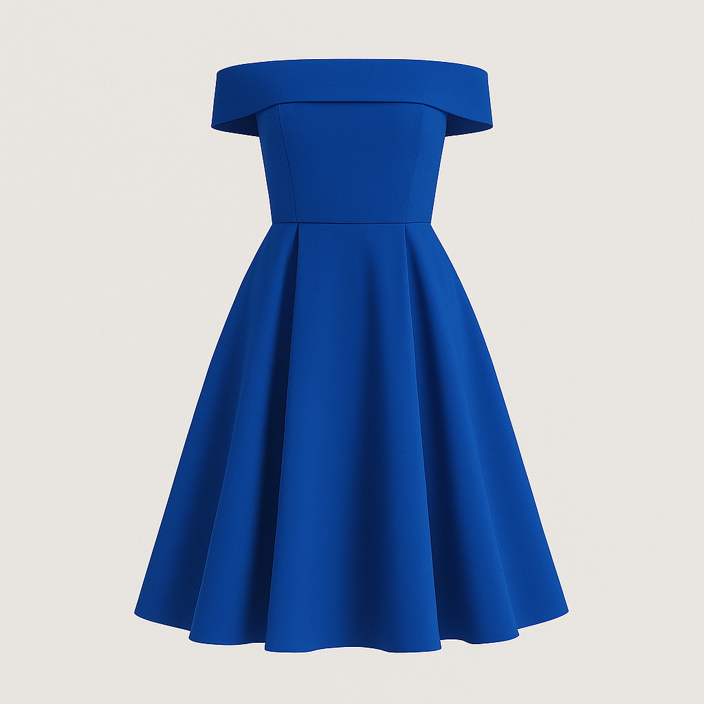 Off-shoulder dress with fitted bodice, flared skirt, and elegant neckline, styled for an occasion-ready look