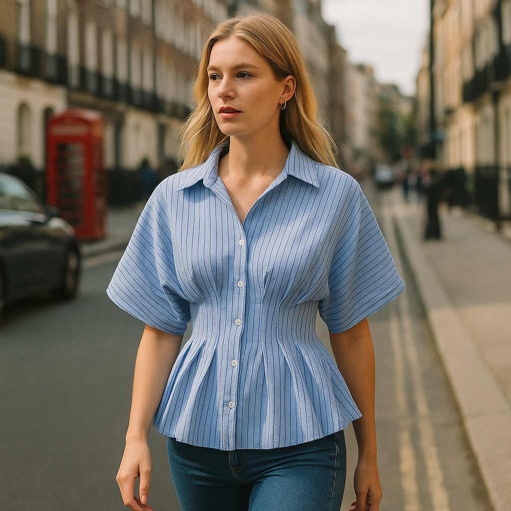Blue striped blouse with voluminous sleeves, cinched waist, and pleated hem, styled with a classic button-down design.
