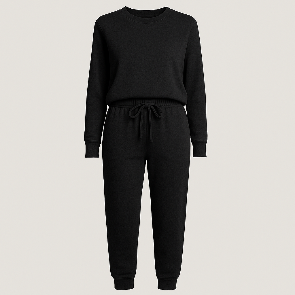 Jogger set with long-sleeve top and cuffed pants, styled for casual and everyday wear