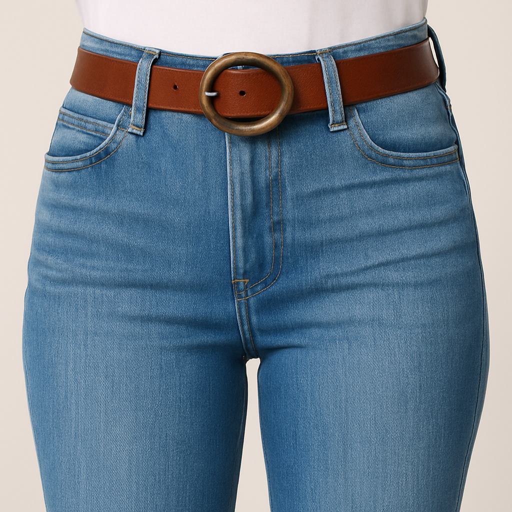 High-rise flare jeans in classic medium-blue wash with clean hem and structured silhouette, styled for versatile everyday wear