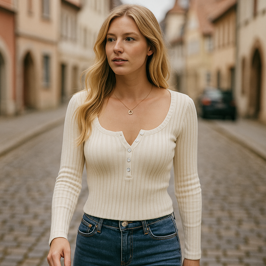 Cream ribbed knit long sleeve top with square neckline and button front detail, styled with white textured bottoms