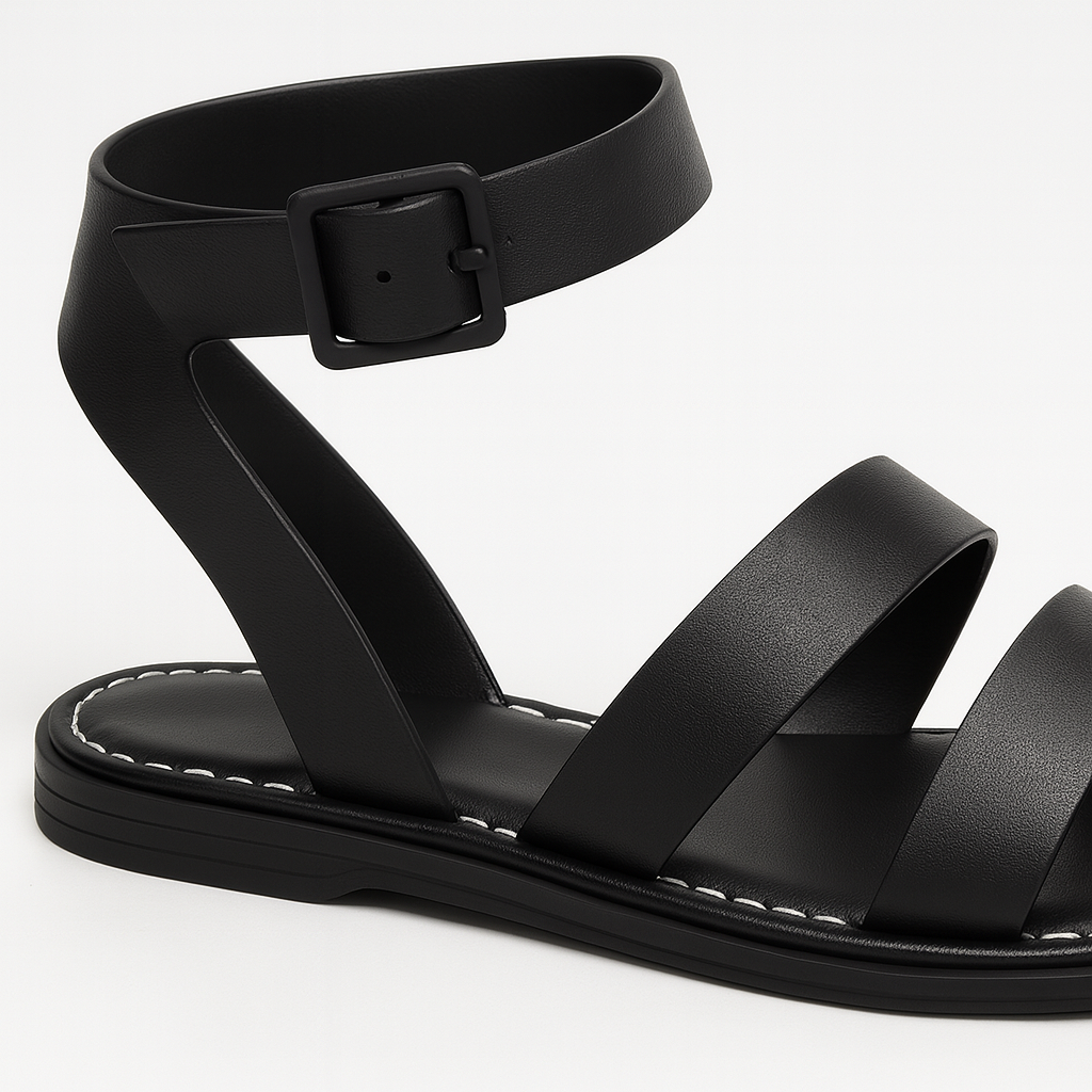 Flat sandal with wide straps, ankle buckle closure, and cushioned sole.