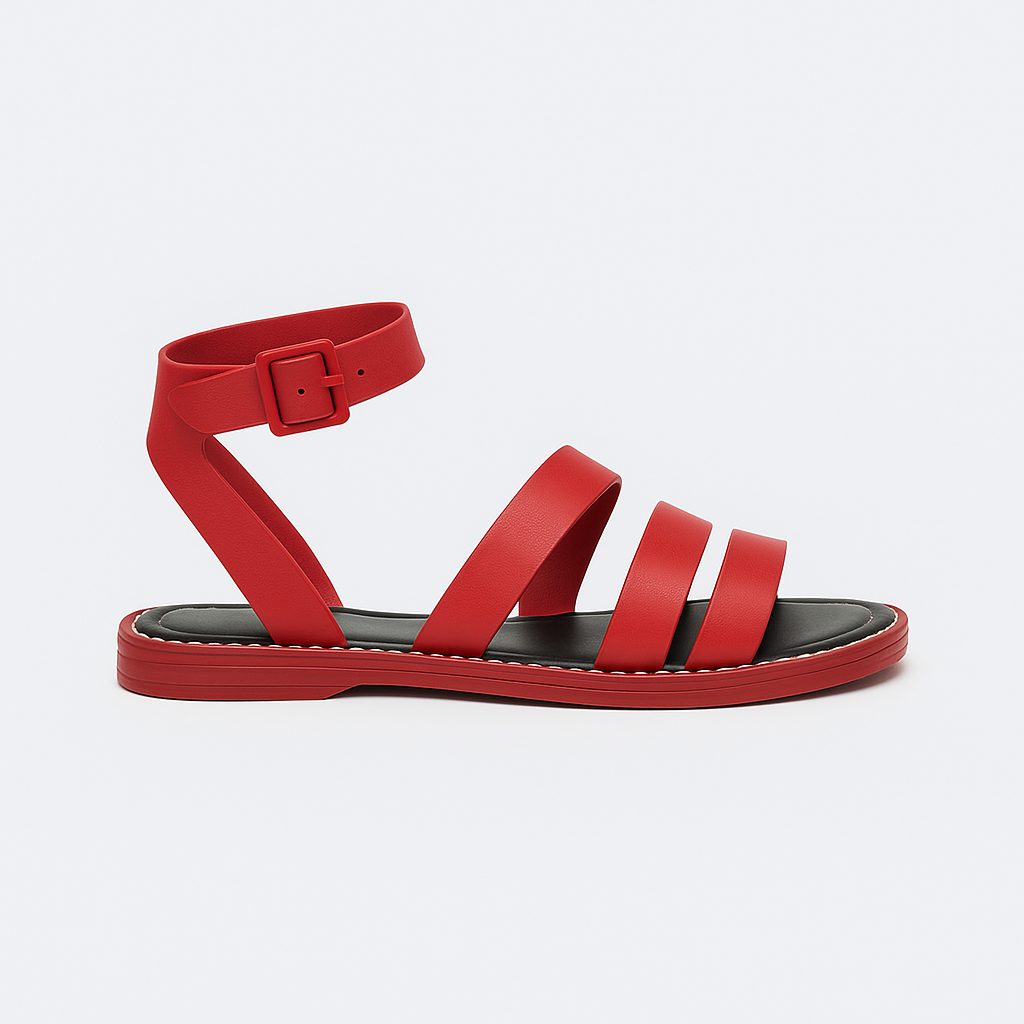 Flat sandal with wide straps, ankle buckle closure, and cushioned sole.