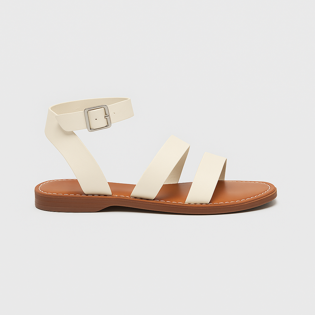 Flat sandal with wide straps, ankle buckle closure, and cushioned sole.