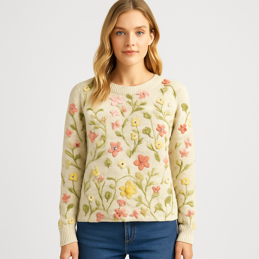 A cream-colored knit sweater with long sleeves, decorated with colorful embroidered floral patterns in pink, yellow, green, and white.