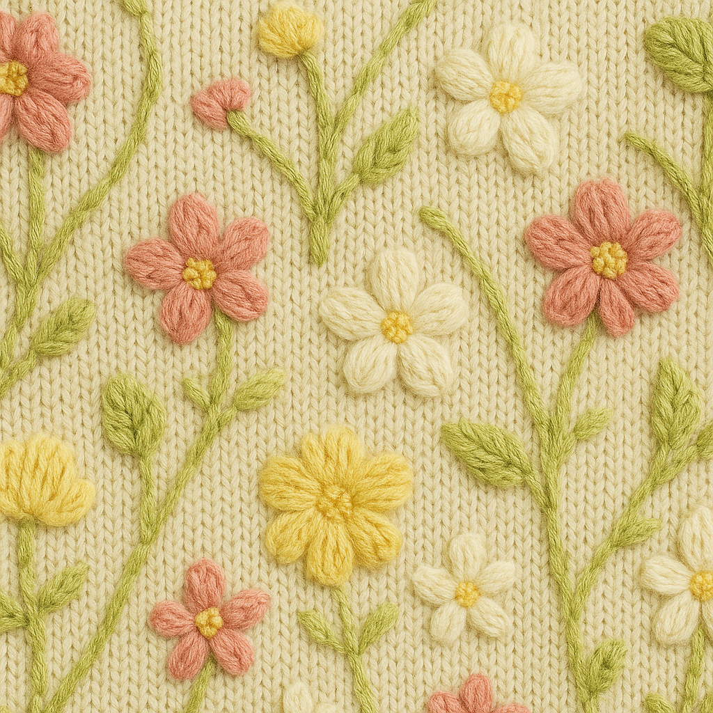 A cream-colored knit sweater with long sleeves, decorated with colorful embroidered floral patterns in pink, yellow, green, and white.