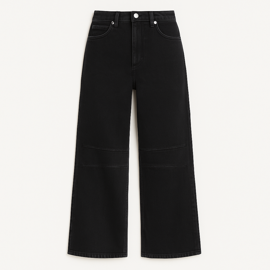 Wide-leg denim jeans with vintage-inspired wash, high-rise waist, and relaxed fit, styled for modern casual wear