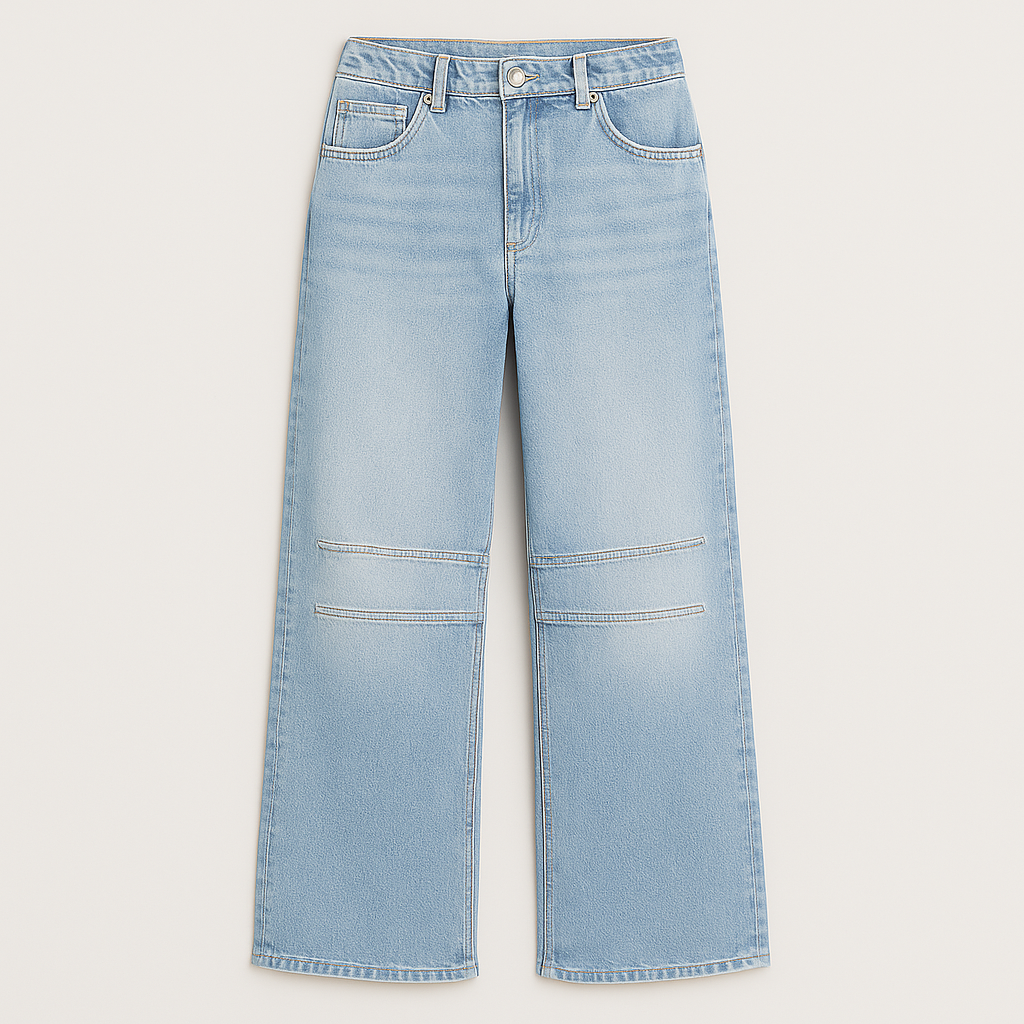 Wide-leg denim jeans with vintage-inspired wash, high-rise waist, and relaxed fit, styled for modern casual wear