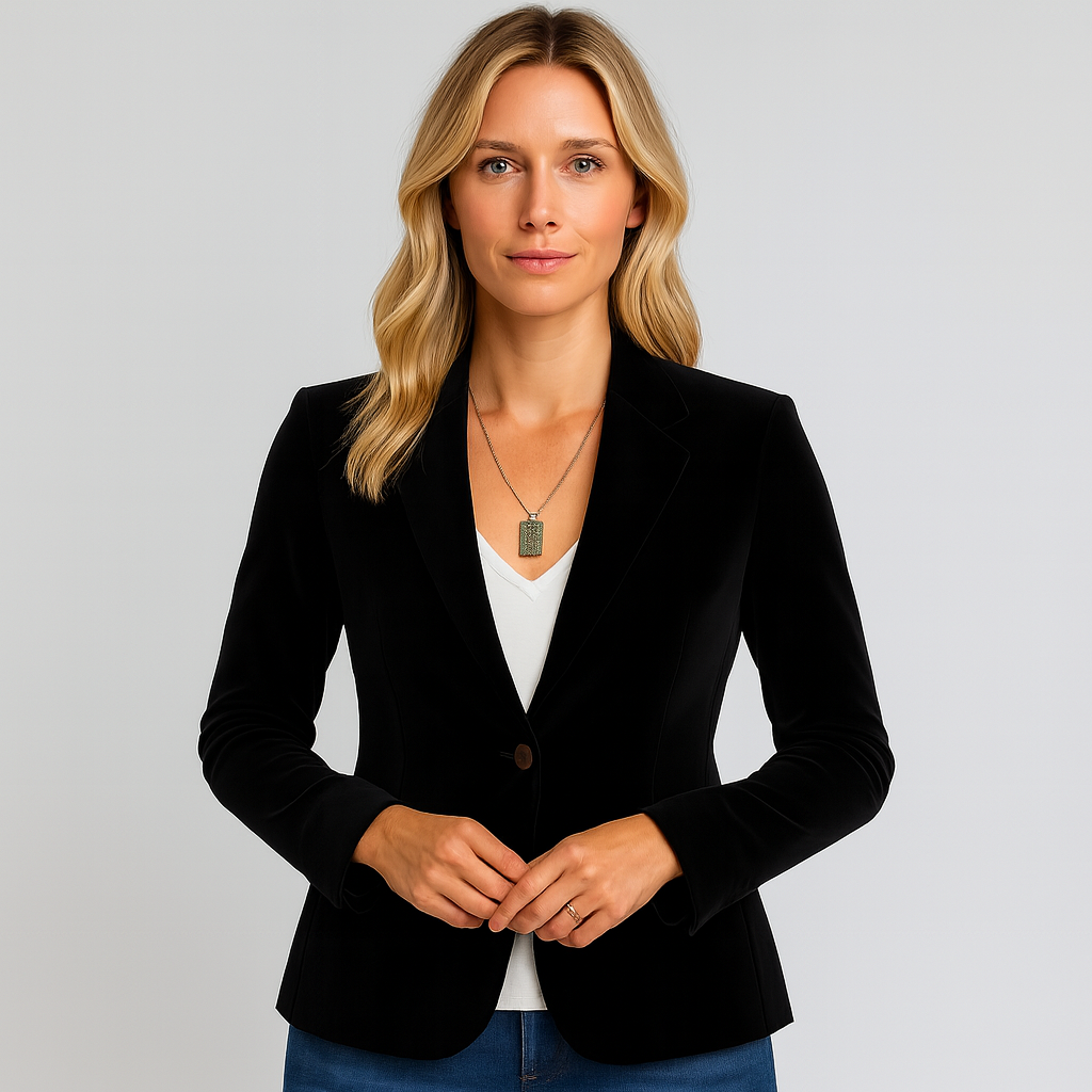 A classic velvet blazer featuring a tailored fit with a single-button closure. It has a notched lapel collar, front welt pockets, and a smooth satin lining, offering a refined and luxurious look ideal for both formal and evening occasions.